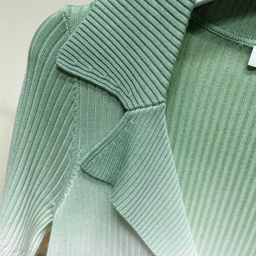 Women Cardigan Knitted Summer Short Sleeve V-Neck Thin Tie-Dye Contrast Color Turndown Collar Elegant High Street Top S