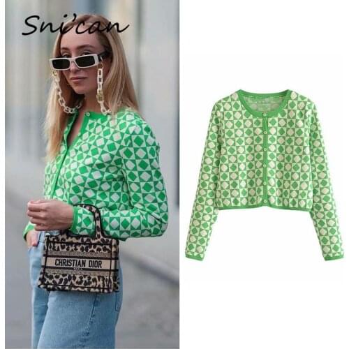 Green Argyle Cropped Cardigan Za 2021 Women Oversize Spring Autumn Casual Knitted Sweater Abrigos Mujer Female Tops Outwear New