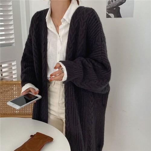 Korean Chic Winter Loose Lazy Wind Twist Pattern Thick Warm Mid-Length Knitted Cardigan Sweater Jacket Women Long Outerwear Y991