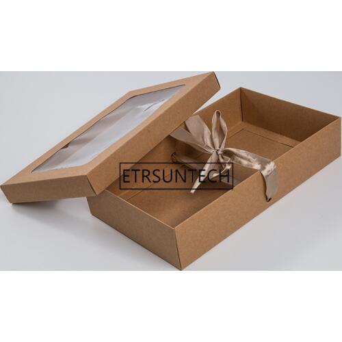 200pcs/lot 27x16x6cm Large Kraft paper gift package display box with clear pvc window candy favors package box With Silk ribbon