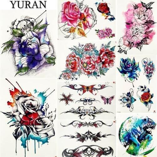 YURAN 3D DIY Women Flash Bracelet Flower Tattoo Stickers Men Watercolor Tiger Big Arm Temporary Tattoo Body Art Chest