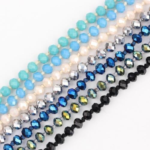 7 Color Choice,152cm,Round Shape Small Glass Beads Chains , Facted Glass Beads Jewelry,Knotted Braided Rope Sweater Chains PD-05