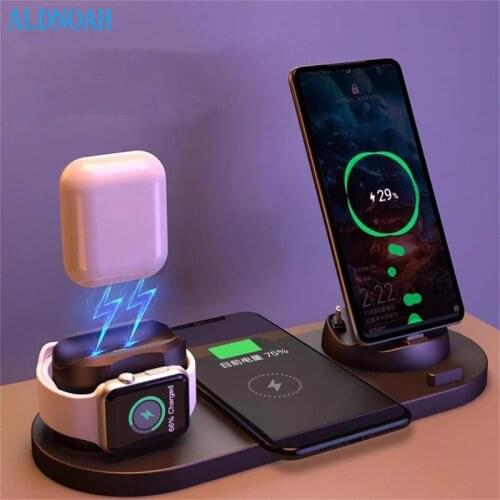 2021 6 in 1 Wireless Charger Dock Station for iPhone/Android/Type-C USB Phones 10W Qi Fast Charging For Apple Watch AirPods Pro