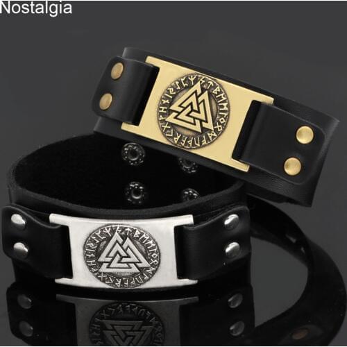Nordic Vikings Jewellery Valknut Vegvisir Compass Symbol Leather Cuff Viking Bracelet Bangles For Women Men 2019