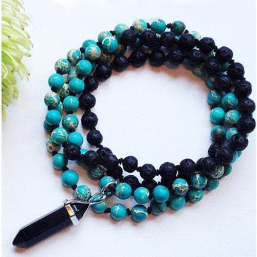 Blue J-asper Lava Stone 108 Mala Beads Necklace Black Obsidian Pendant Necklaces Hand Knotted Necklace Japa Mala