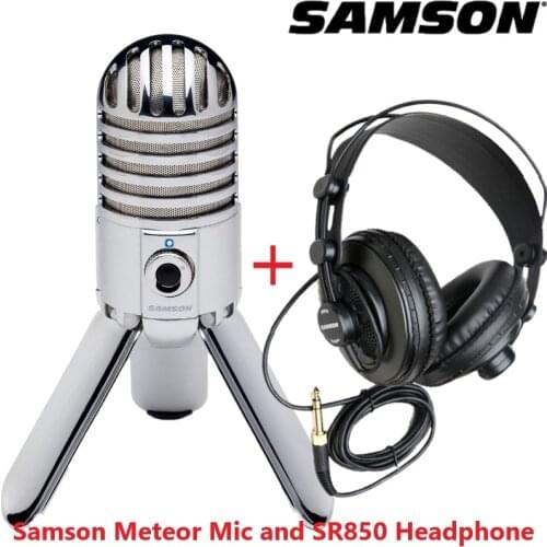 Samson Meteor Mic USB Studio Condenser Microphone Fold-back Legs Design with SAMSON SR850 headphone for Computer Video Recording