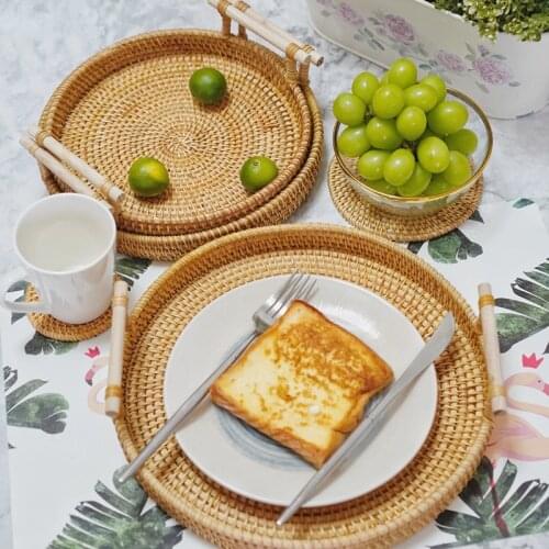 Natural Vietnam rattan bread basket round binaural tray snack storage basket snack fruit picnic basket Multi-purpose food tray