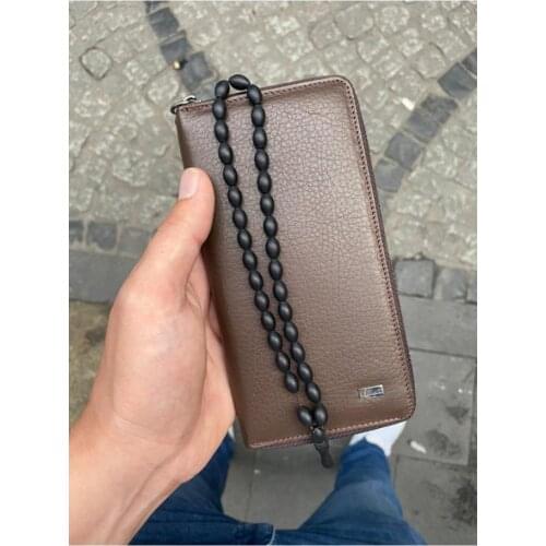 Karali Leather Phone Compartment Brown Zipper Genuine Leather Wallet-kuka Rosary Gift