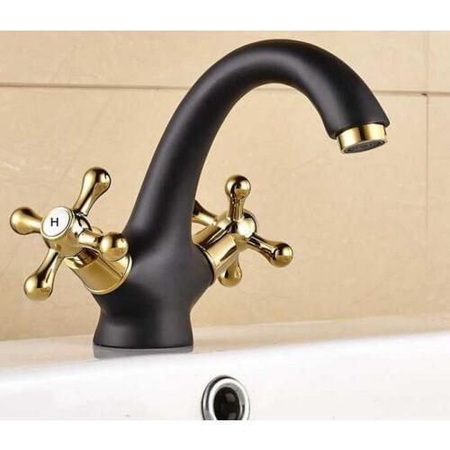 Golden Cross Handles Black Oil Rubbed Brass Bathroom Vessel Sink Basin Faucet Mixer Tap anf806