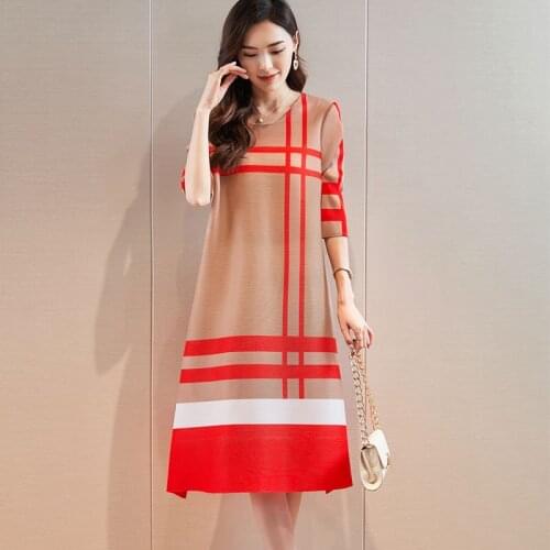 2021 summer niche womens dress miyake pleated light mature office-lady design striped loose thin cover a-line long dress
