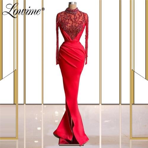 Lowime Formal Beaded Long Sleeves Dubai Evening Dresses Mermaid Dubai Party Gowns Elegant Red Celebrity Dress Muslim Party Gowns