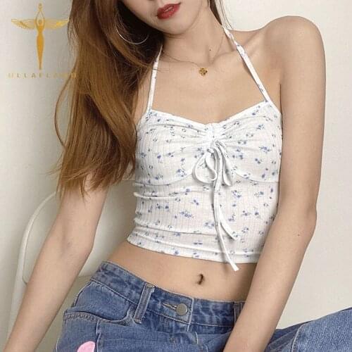 Halter Camisole Womens Sexy Sleeveless Floral Print Crop Tops Summer Harajuku Y2K Shirring Tank Tops Backless Tank Vest Femme