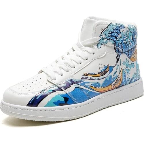 Mens High Top Fashion Leather Sneakers Trend Cartoon Printed Comfortable Man Casual Shoes Outdoor Non-slip Breathable Men Shoes