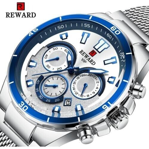 REWARD Men Wristwatches Quartz Movement Luminous Hands 3 Small Dial Silver Mesh Belt Fashion Relógio Masculino