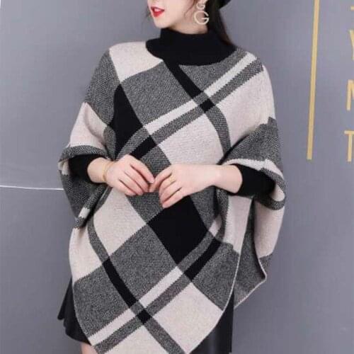 Autumn and winter half high neck pullover knit shawl western style mid-length sweater with plaid color matching bat shirt women