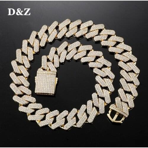 D&Z New 19mm 3Rows Miami Cuban Link Chain Spring Buckle Bling Iced Out Cubic Zirconia Necklace With Solid Back For Men Jewelry