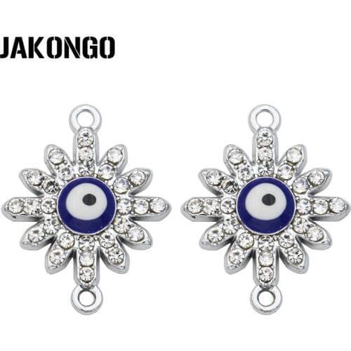 JAKONGO Silver Plated Crystal Blue Eye Flower Connectors for Jewelry Making Bracelet Accessories DIY Craft 20x15mm