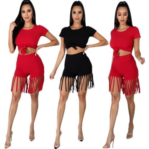 Drop Shipping Summer Casual Two piece Short Pants Set Crop Tops Tassels Pants Leggings Biker Short 2 Piece Sets Women Clothing