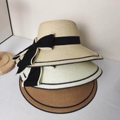 Elegant Womens Summer Hat Sun Protection Cap Female Flat Top Foldable Wide Brim Hat Bow Ribbon Cap Straw Hat Beach Hat Sun Hats
