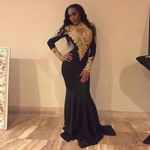 Black Mermaid African Evening Dresses Gold Lace Appliques Sequins Long Sleeve Floor Length Satin Elegant Party Prom Gown 2021