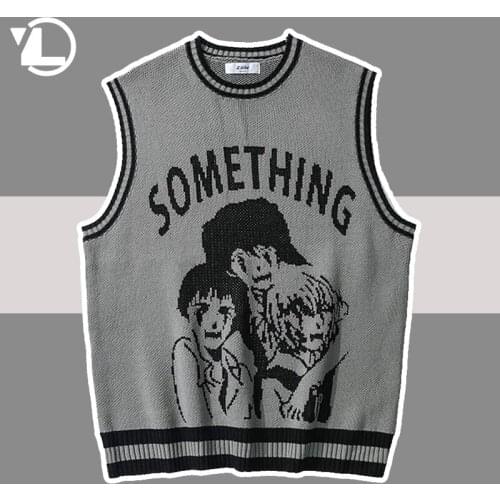 Knitted Sweater Vest Men Women Cartoon Anime Print Streetwear Hip Hop Casual O-neck Sleeveless Knitwear Sweater Coat Tops Unisex
