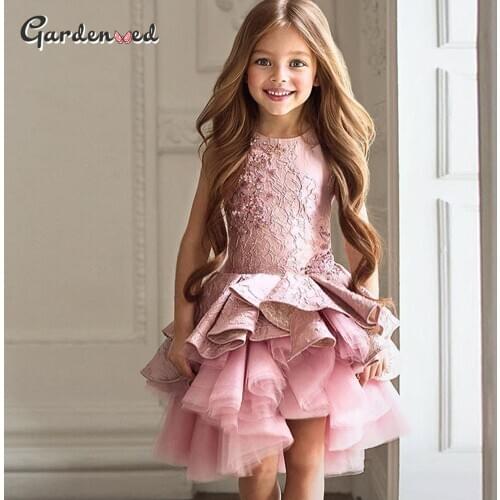 High/low Ruffles Skirt Flower Girl Dresses Top Lace Appliques Girl Pageant Dress Lace Applique Knee Length Little Bride Dresses