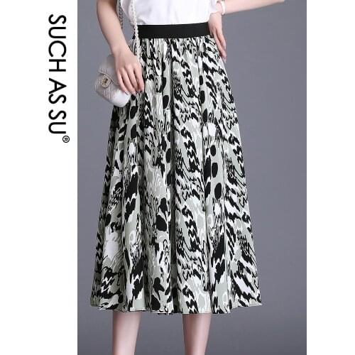 SUCH AS SU Summer 2021 White Green Khaki Ruffles Chiffon Women Slim Print Skirt Elastic Waist Ladies Elegant Mid Long Skirt
