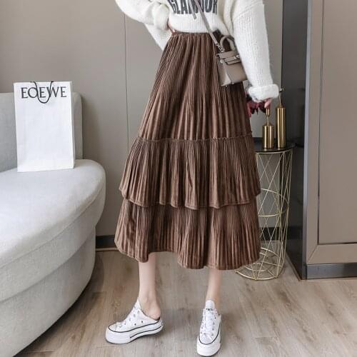 2020 Autumn Winter Velvet Long Skirts For Women Vintage Elastic High Waist Maxi Skirt Patchwork Corduroy Pleated Skirt Purple
