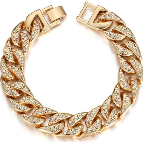 17/19cm Womens Mens Bracelet Gold Color Curb Cuban Chunky Chain Bracelet Bangles Rhinestone Luxury Wedding Bracelet Jewelry