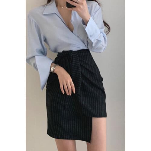 Shirt set two-piece skirt female blouse asymmetrical draped skirt fashion casual office suit shirt top Shirt set Long sleeve