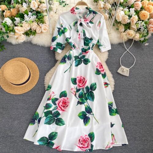 Womens spring summer runway fashion flower print dress female slim chic travel beach dress TB1435