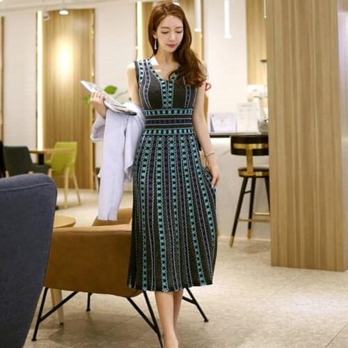 2019 Summer Fashion Plaid Jacquard Knitted Dress Womens Sexy Sleeveless V-Neck Vest A-Line Dress Office Lady Elegant Long Dress