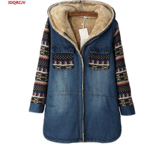 Winter Women Cashmere Wadded Jacket Female Plus Velvet Outerwear Thick Casual Long Denim Cotton Coat girls Hoodies Parkas W1073