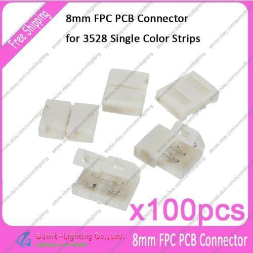 100pcs/lot 2 PIN 2Pin 8mm PCB Strip-to-Strip Solderless FPC Snap Down Connector Adaptor For LED 3528 Single Color LED Strips