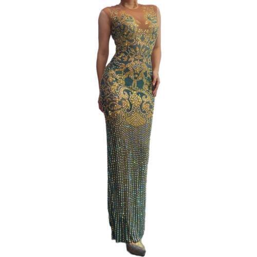 Transparent Rhinestone Gold Pattern Long Dress Birthday Celebrate Prom Outfit Bar Singer Wear Women Dance Dress
