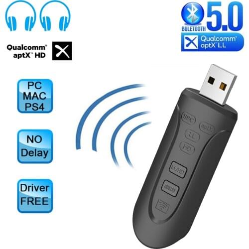 Bluetooth 5.0 Audio Transmitter USB Dongle AptX HD/LL Low Lantecy BT 5.0 3.5mm AUX Jack RCA Wireless Adapter & Mic for TV PC PS4