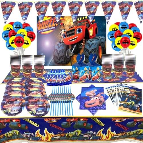 Blaze Car party supplies cup plate tablecloth Gift bags kids birthday party decorations balloons toppers Car Theme banners flags