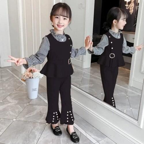 2021 Kids Girls Clothes Sets Vest Long Sleeve Plaid Blouse + Flare Pants Autumn Childrens Clothing Teenage for 7 8 10 12 Years