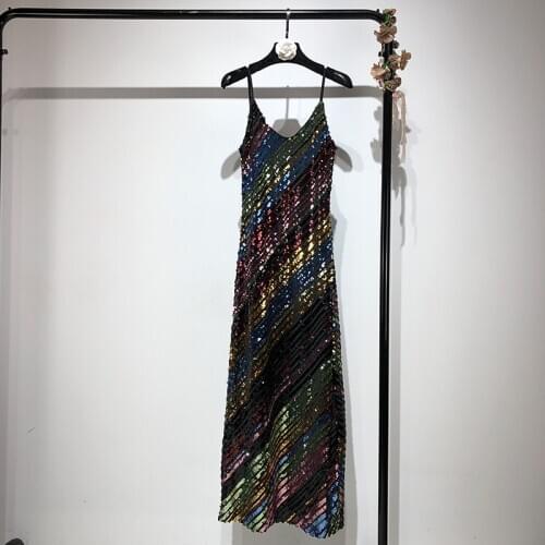 Cakucool New Slip Dress Shiny Rainbow Colorful Sequined Bling Extra Long Vestido Chic Slim Sexy Party Korean Spaghetti Dress