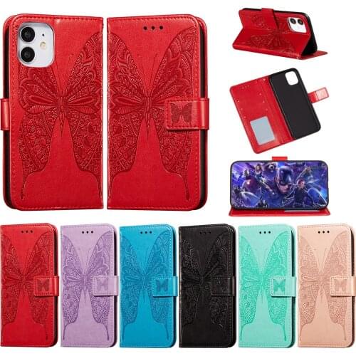 Full Cover Case for iPhone 12 mini 11 Pro Max XR XS SE 2020 8 Plus X Leather Flip Case Solid Color Butterfly Embossing Phone Bag