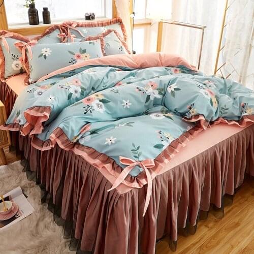 Kawaii Korean Girl Bedding Duvet Cover Thick Frosted Princess Lace Duvet Cover Sheet Bed Skirt Washed Cotton 4-piece Set