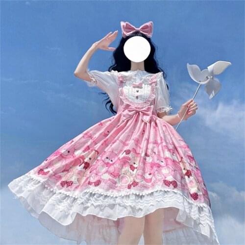 Lolita Style Japanese Sweet Kawaii Soft Girl Party Dress Cute Cartoon Printing Bow Sleeveless Lace Ruffles JSK Princess Dresses