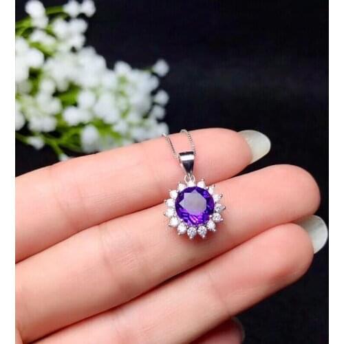 Fashion Elegant Diana round Natural amethyst pendant S925 silver Natural purple crystal Pendant Necklace woman party jewelry