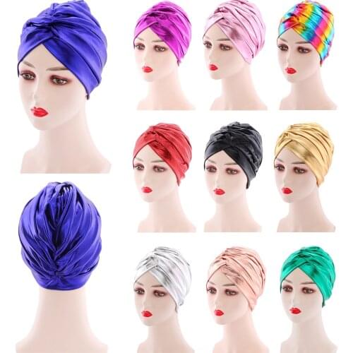 2021 Women New Fashion Shiny Turban Stretchable Soft Bright Hat Indian Style Muslim Hijab Turban Head Wraps Indian Hat Headscarf