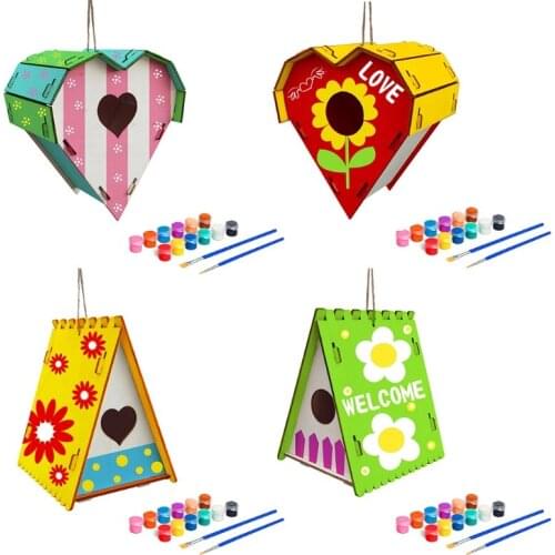 2021 New DIY Bird House Kit Build Painting Birdhouse Paints Brushes Wooden Art Crafts for Kids Girls Boys