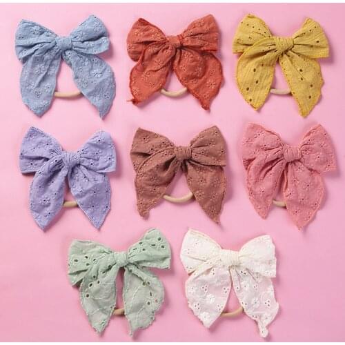 New Girls Hollow Cotton Lace Bows Nylon Headbands Ponytail Baby Knot Embroidery Elastic Nylon Hairbands Kids Hair Accessories