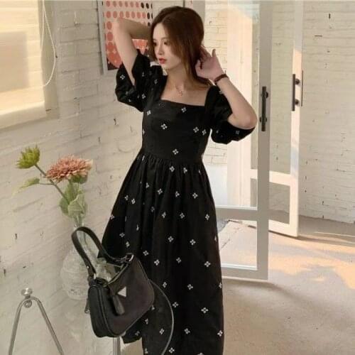 Chiffon Dot Botton A-line Dress Women Summer 2021 Lace Puff Sleeve High Waist Party Maxi Dress Elegant Evening Linen Robe Femme