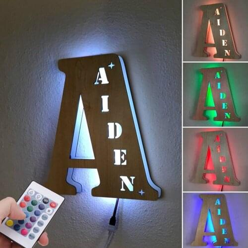 LED Custom Name Night Light USB Wooden Warm Light Table Lamp 24 Letter Hollow Personalized Decorative Lamp Child Birthday Gift