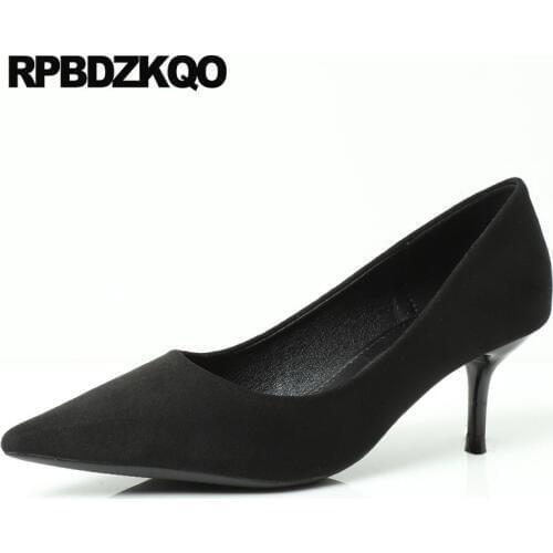 Suede Work Court Size 33 Black Pumps Medium Heels 8cm Blue Ladies Formal Shoes Extreme Low Kitten Office Thin Pointed Toe High