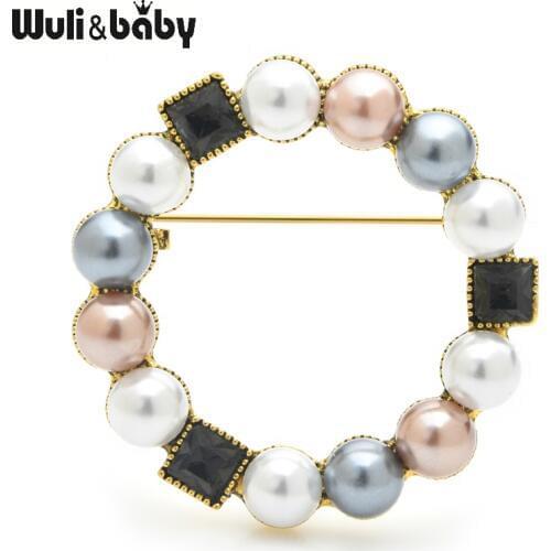 Wuli&baby Pearl Crystal Circle Brooches Women Round Flower Party Banquet Brooch Pins Gifts